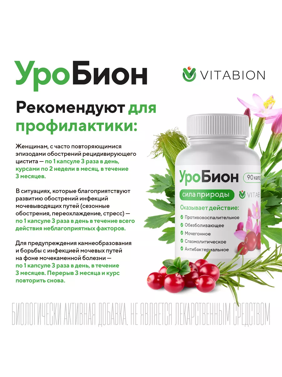 УроБион, БАД от цистита, капсулы, 90 шт VITABION 17826721 купить за 534 ₽ в  интернет-магазине Wildberries