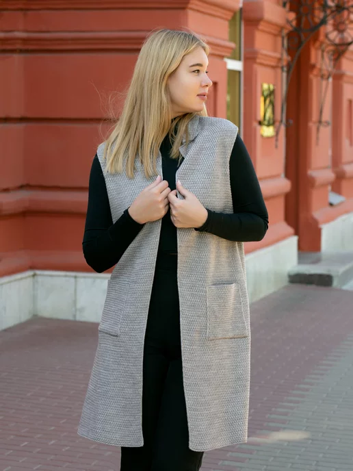 AlissBeauty Жилетка вязаная удлиненная с карманами осенняя, бежевый, фото 3