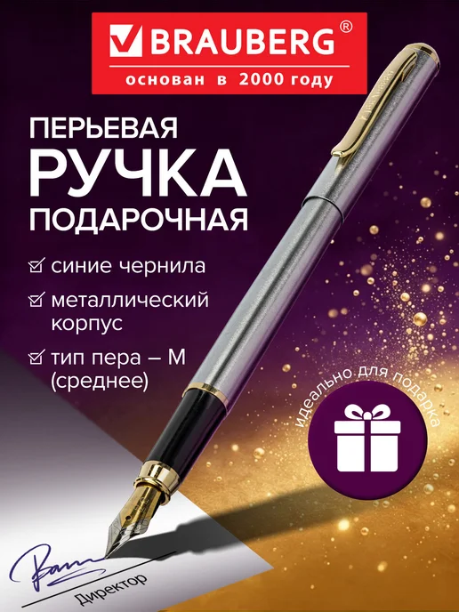 Brauberg Ручка подарочная перьевая красивая в футляре бизнес класса, серый