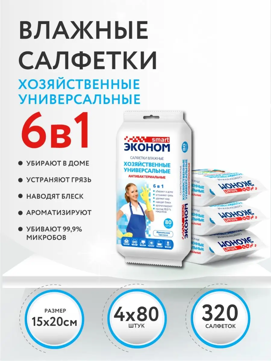 Влажные салфетки для уборки антибактериальные №80х4шт, набор Эконом smart  17943151 купить за 477 ₽ в интернет-магазине Wildberries