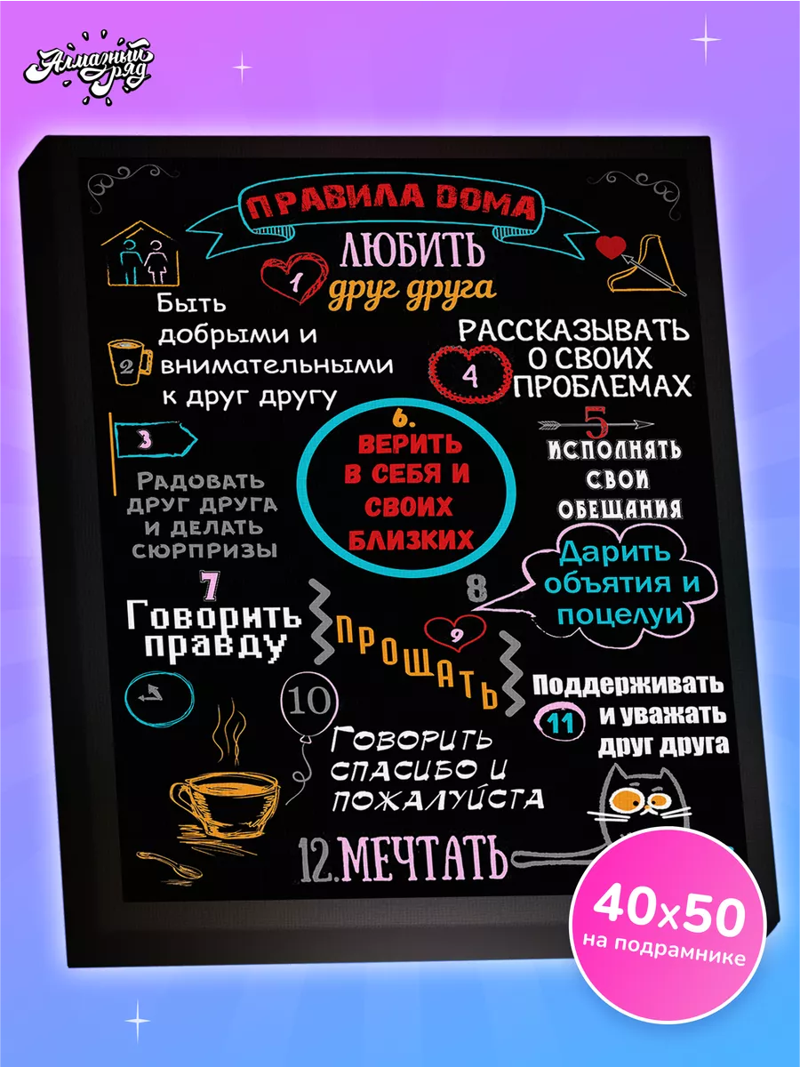 Алмазная мозаика на подрамнике 40х50см Правила дома Алмазныи ряд 18017164  купить за 595 ₽ в интернет-магазине Wildberries