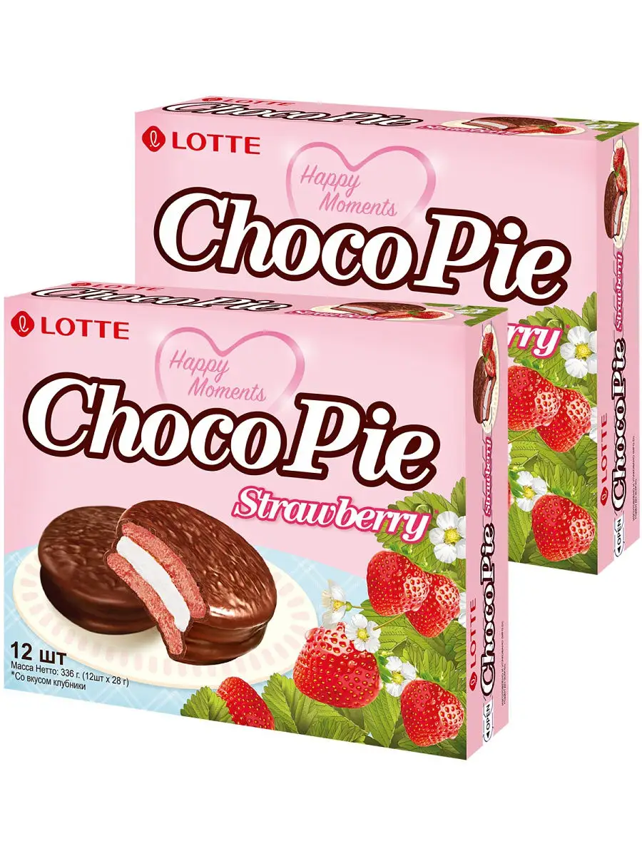 Печенье прослоенное глазированное Лотте Lotte Choco Pie Чокопай со вкусом  клубники, 2 шт по 336гр LOTTE RUS 18073267 купить в интернет-магазине  Wildberries