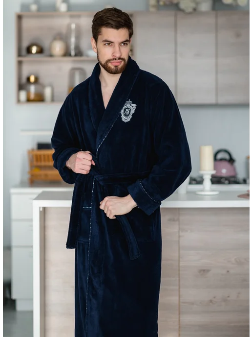 AYKA HOME Халат махровый домашний с вышивкой, синий, фото 4