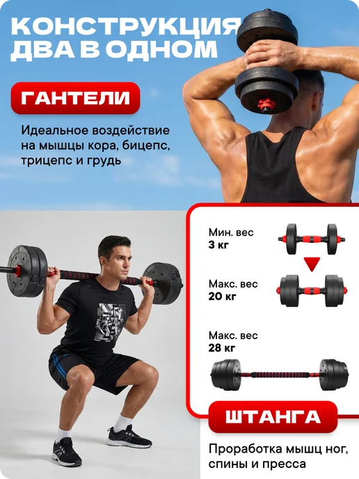 Блин-да-Гриф Гантели разборные 20 кг (2х10 кг) штанга спортивная, 2x10, 20 кг, фото 8