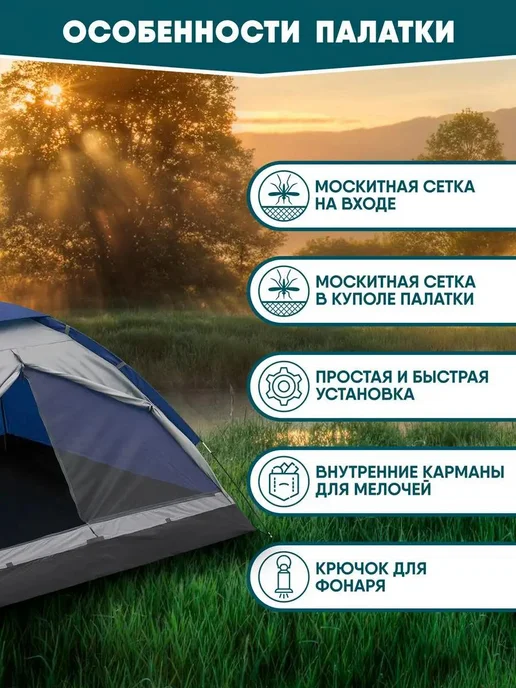 Jungle Camp Палатка туристическая 4 местная водонепроницаемая походная, синий, фото 5