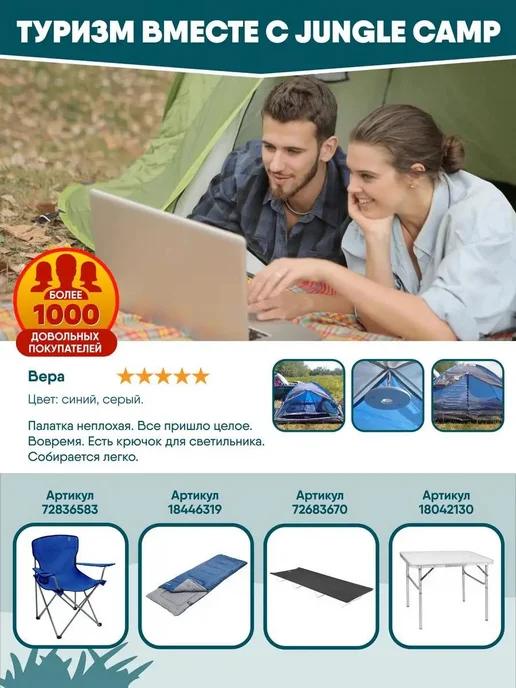 Jungle Camp Палатка туристическая 4 местная водонепроницаемая походная, синий, фото 7
