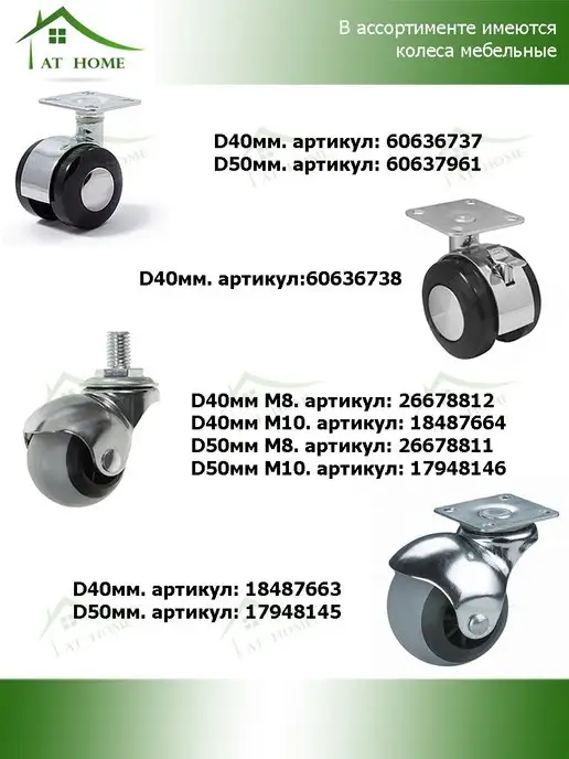 AT HOME Опора колесная поворотная шар D40мм, серый, фото 3