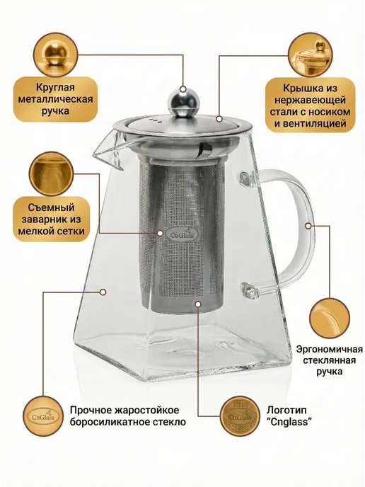 CnGlass Чайник заварочный стеклянный со съёмным фильтром 1100 мл, 900 мл, фото 3