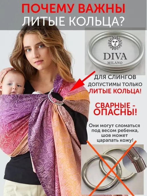 Diva Milano Слинг с кольцами для новорожденного шарфовый, без намотки, желтый, фото 3