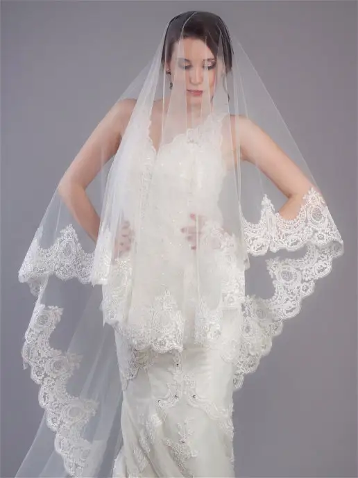 Romantic Wedding Длинная фата испанка свадебная невесты кружево, белый, фото 2