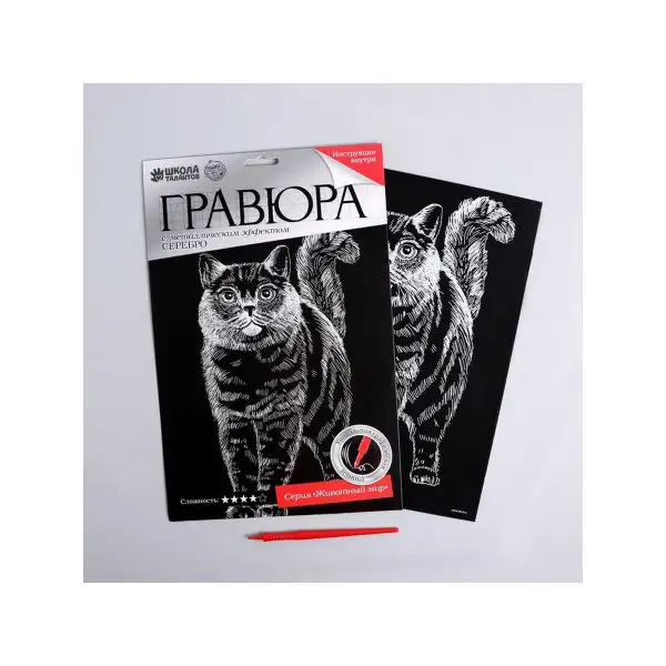 Гравюра на подложке "Кот" с металлическим эффектом серебра А4