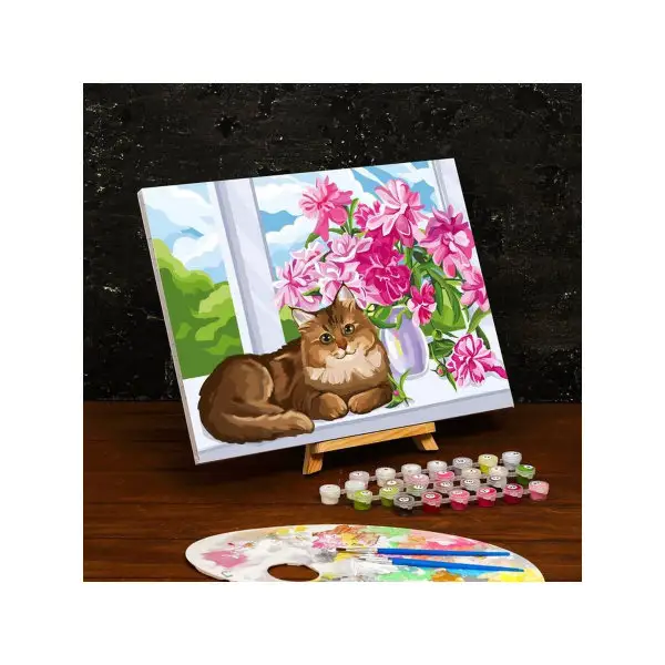 Картина по номерам на холсте с подрамником "Кот на окне" 30х40 см