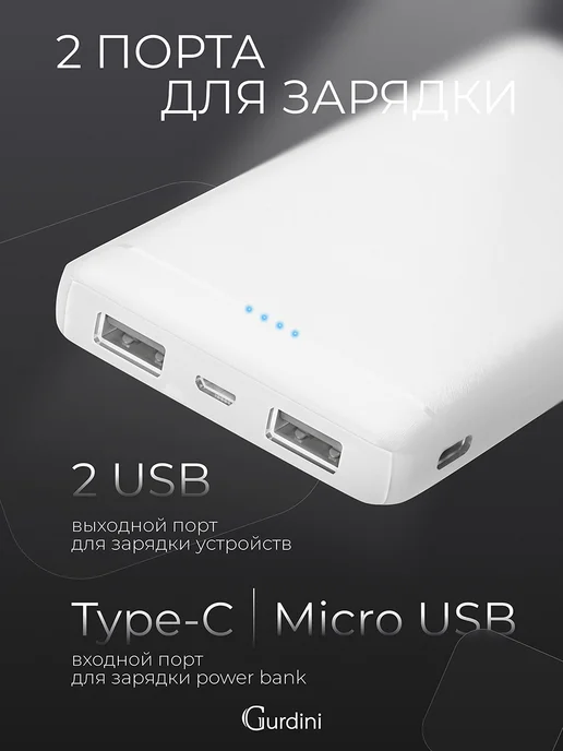 Gurdini Powerbank ультратонкий 10000 mah повербанк, 10000 мАч, фото 4