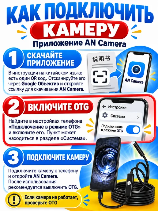 Гибкая камера видеоэндоскоп Эндоскоп камера для смартфона автомобильный для Андроид и PC, белый, фото 2