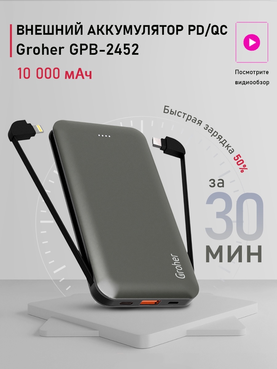 Внешний аккумулятор/ Power bank 10000 mAh/ быстрый заряд USB Type C/ PD  18Вт/ повербанк Groher 18908553 купить в интернет-магазине Wildberries