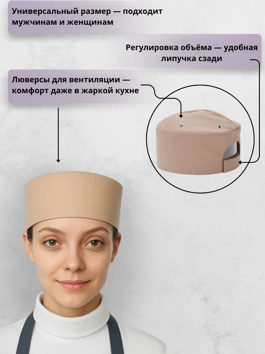 Kupifartuk Колпак поварской шапка-таблетка с люверсом темно-синий, бежевый, фото 2