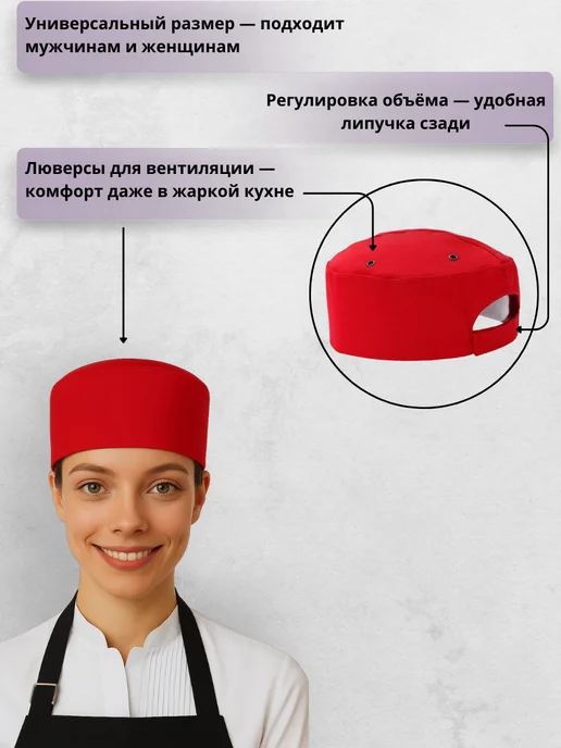 Kupifartuk Колпак поварской шапка-таблетка с люверсом темно-синий, красный, фото 2
