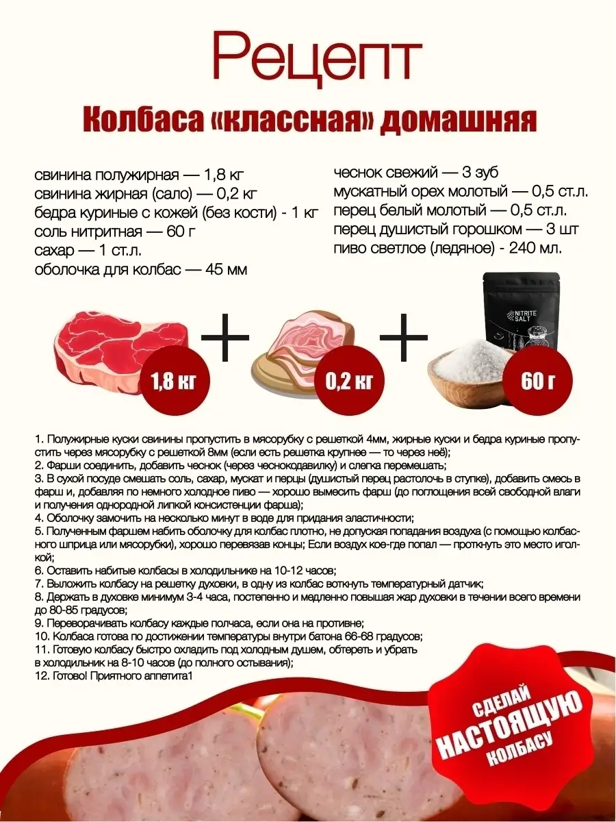 Соль нитритная 250 г. / для Колбасы / Ветчины / Мяса / пищевая 0.6%  PREMIUM, Посолочная смесь Нитритная Соль 18946925 купить в  интернет-магазине Wildberries