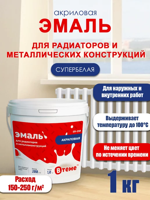 ВТеме Эмаль акриловая белая для радиаторов металла дерева 1кг, 1 кг