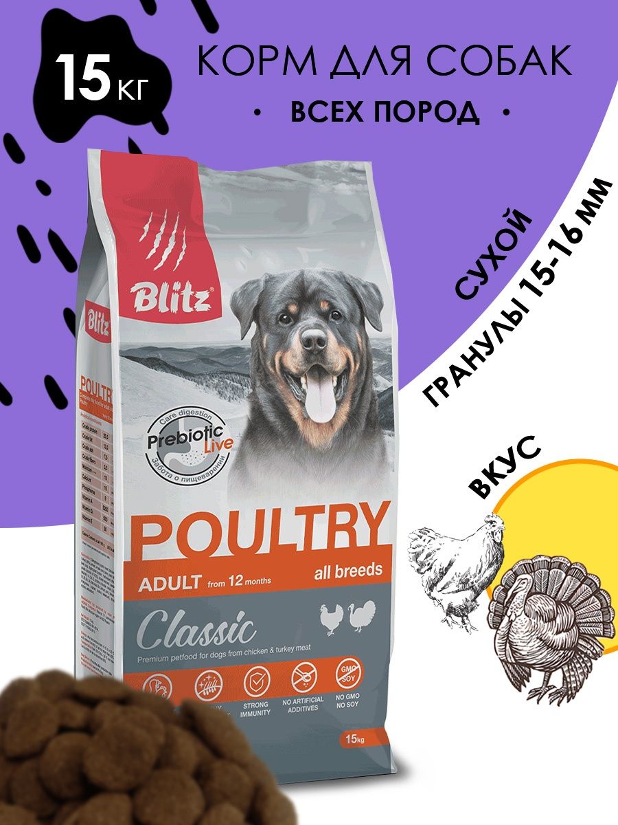 Сухой корм blitz для собак. Корм блиц с курицей для собак купить в Челябинске 15кг.