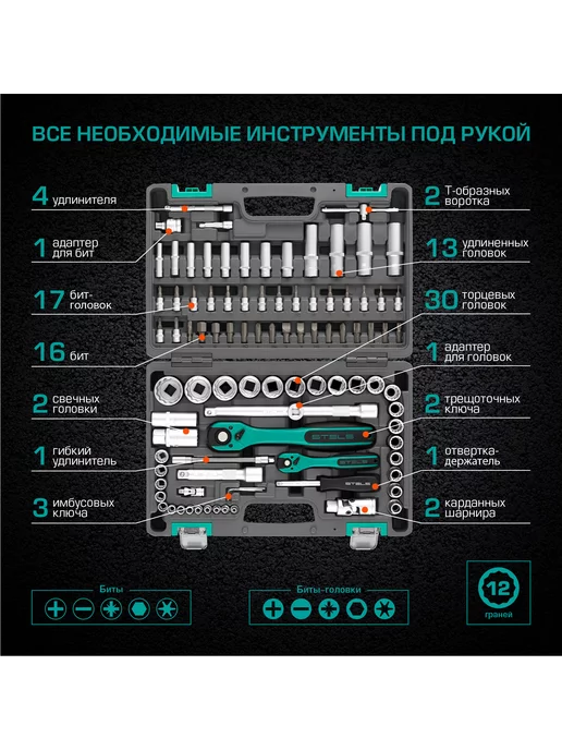 STELS Набор инструментов 1 2 и 1 4, 94 предмета, КЕЙС, 14118, вариант, фото 6