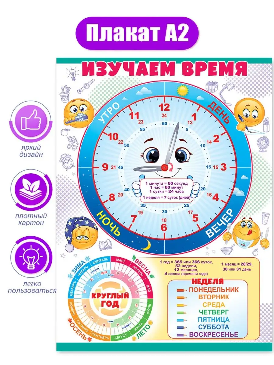 Обучающий плакат изучаем время настенный часы дни недели А2 ТМ Открытая  планета 19428572 купить за 209 ₽ в интернет-магазине Wildberries