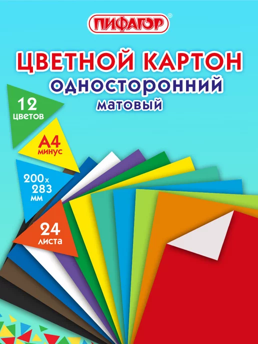 Цветной картон для школы набор А4 матовый 24 л 12 цв Пифагор