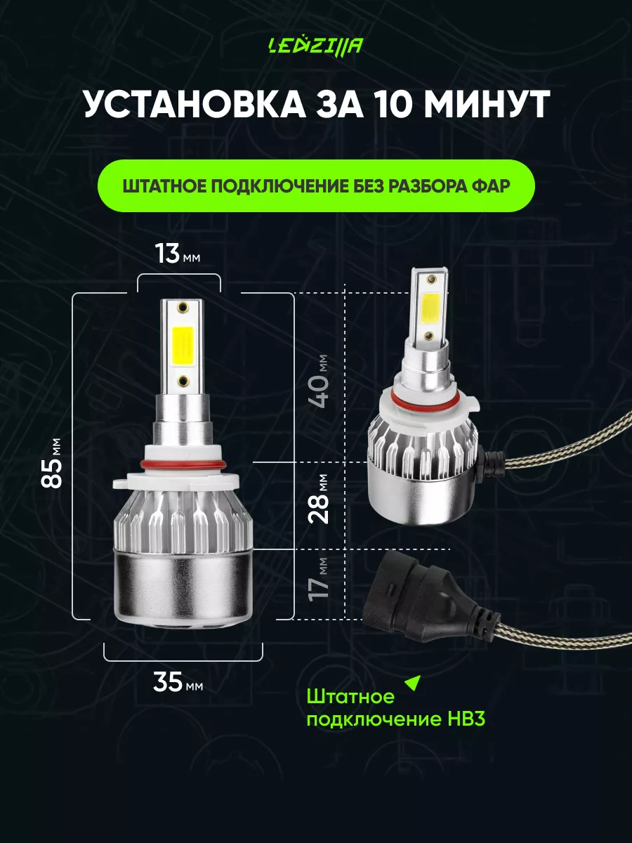 Лампы HB3 светодиодные led в авто (птф, ближний, дальний) LEDZILLA 19447049  купить за 438 ₽ в интернет-магазине Wildberries