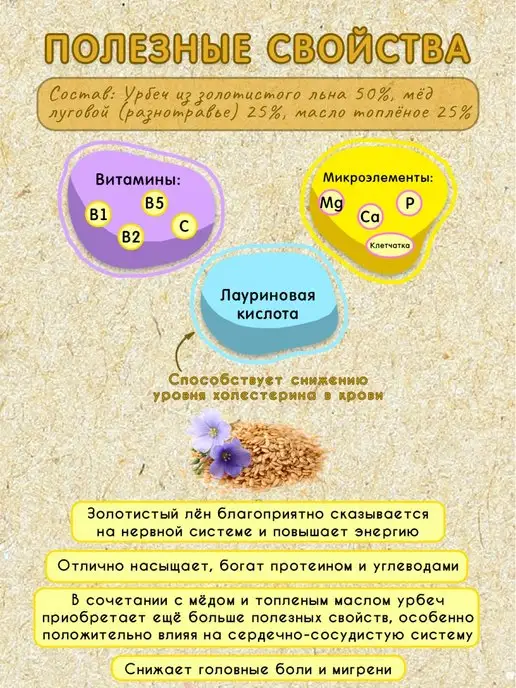 Мералад Урбеч из семян льна золотого с медом и маслом гхи 230г, 230 г, фото 3