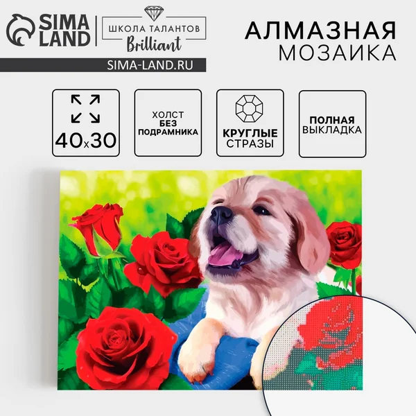 Алмазная мозаика с полным заполнением на холсте 30х40 Щенок