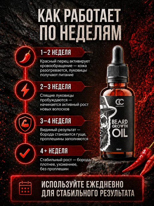 Clear Cosmetic Масло для роста бороды и усов с красным перцем, 50 мл, 50 мл, фото 5