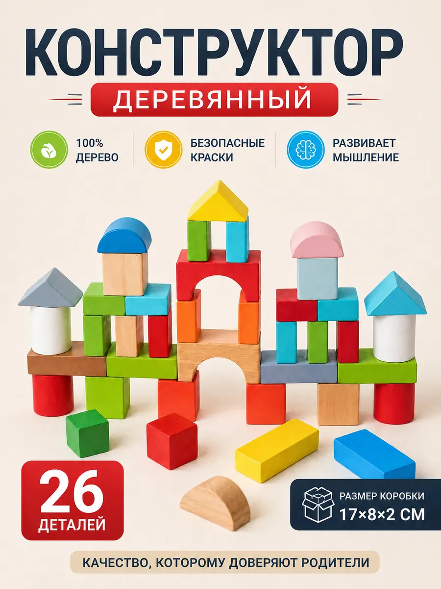 Конструктор детский кубики деревянный 35 деталей