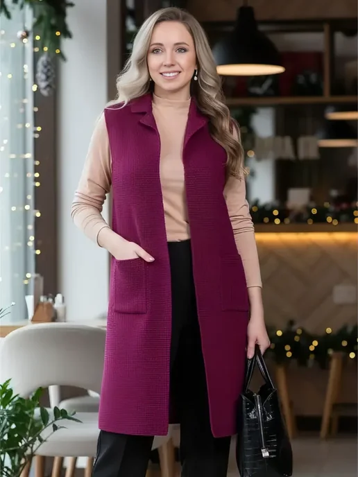 AlissBeauty Жилетка удлиненная больших размеров трикотажная, красный, фото 7