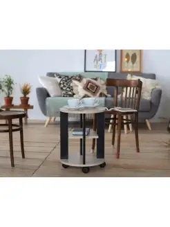 Журнальный столик круглый на колесиках Wisti. Цвет бежевый, черный. Вид 5.