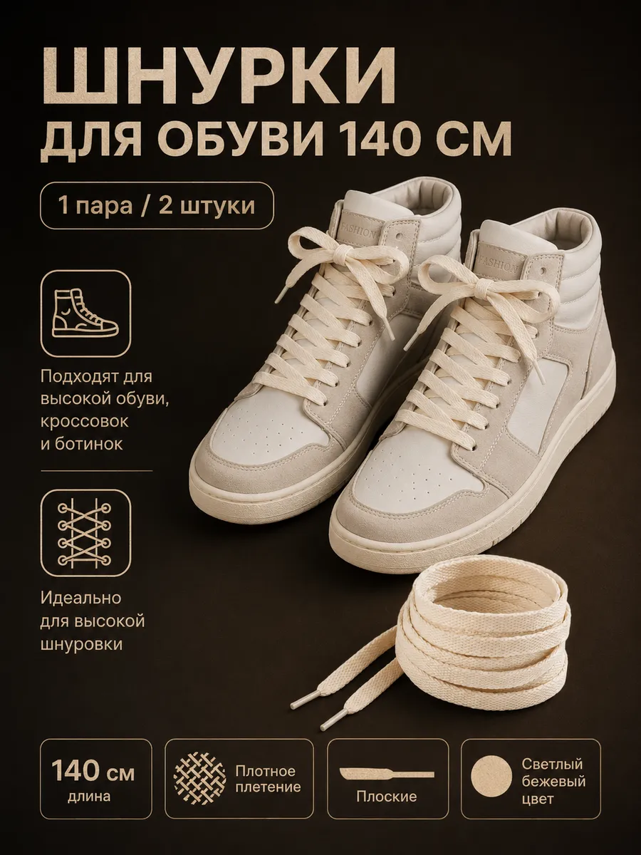 Шнурки 140 см плоские плетеные прочные для обуви бежевые