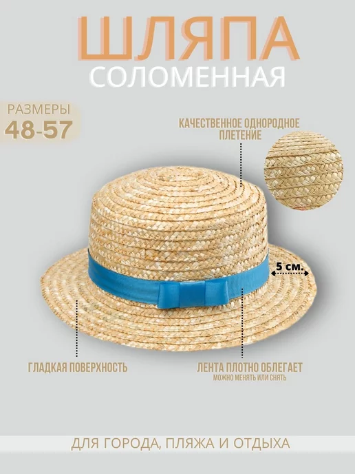 Solorana Шляпа соломенная плетеная пляжная с лентой, голубой, фото 2