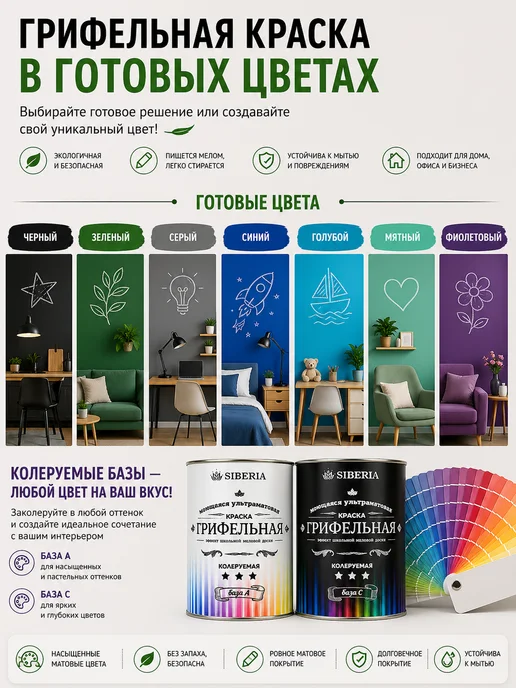 Краски Siberia Грифельная краска меловая для стен и досок черная 1 л, 1 л, фото 3