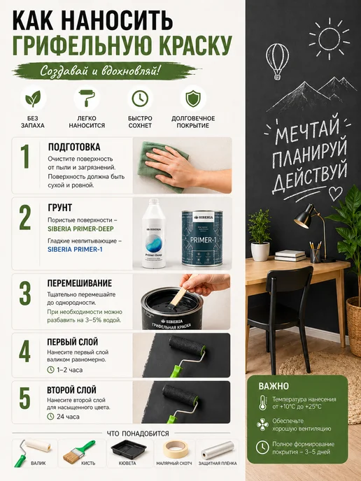 Краски Siberia Грифельная краска меловая для стен и досок черная 1 л, 1 л, фото 7