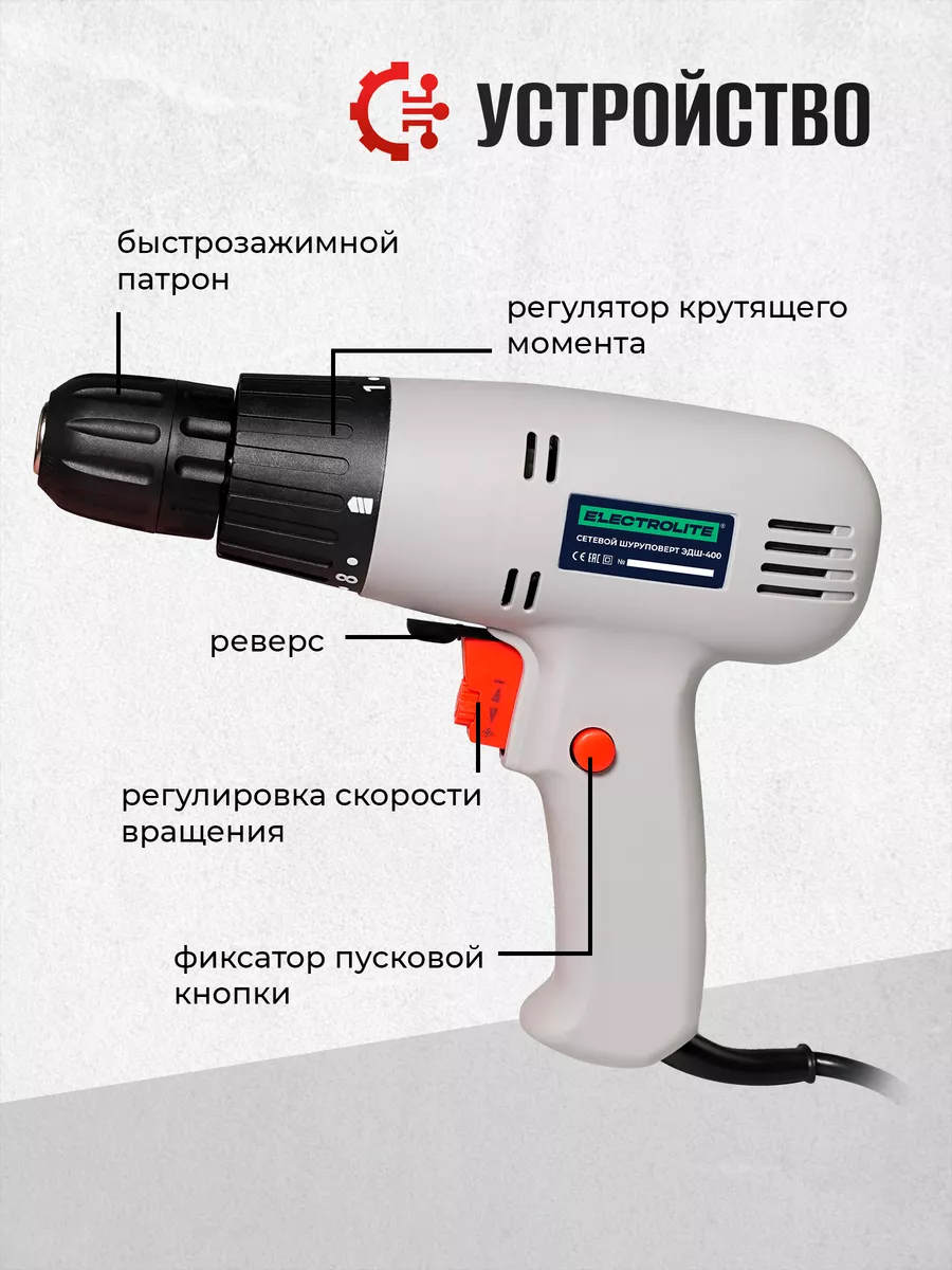 Шуруповерт сетевой ЭДШ 400 ELECTROLITE 24710473 купить за 1 261 ₽ в  интернет-магазине Wildberries