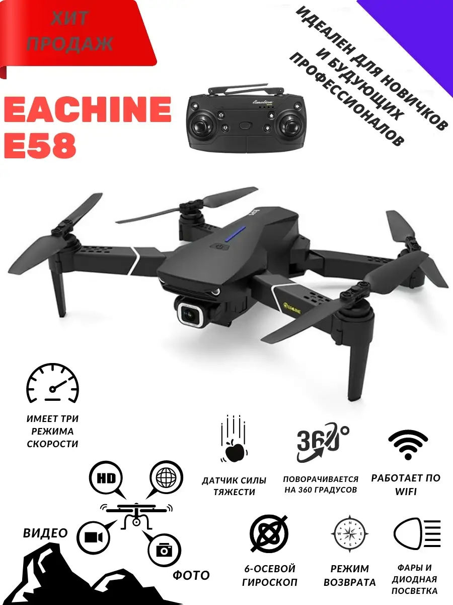 Квадрокоптер дрон для полетов с камерой Eachine E58 Black Eachine 24721131  купить в интернет-магазине Wildberries