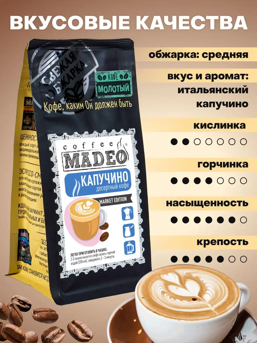 Молотый кофе Капучино Мадео 200 г, 100% арабика MADEO 24862072 купить за  557 ₽ в интернет-магазине Wildberries