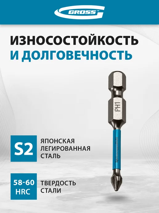 GROSS Набор бит для шуруповерта торсион. PH1x50, 10 шт 11492, 1x50, 10 шт, фото 2