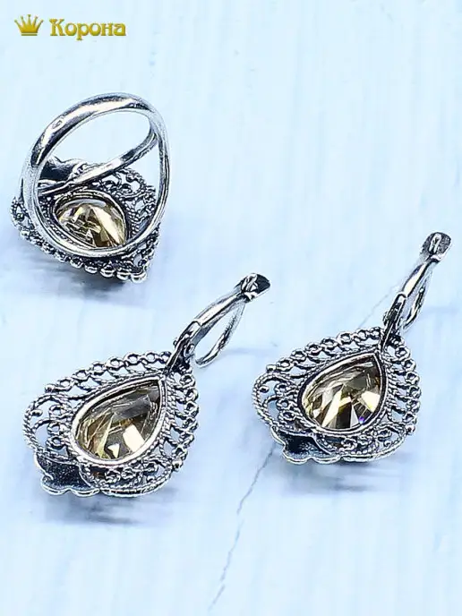 Корона Стиль Комплект украшений с фианитом, бежевый, фото 3