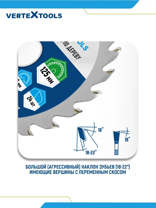 Vertextools Диск пильный по дереву для болгарки 125 мм, вариант, фото 7