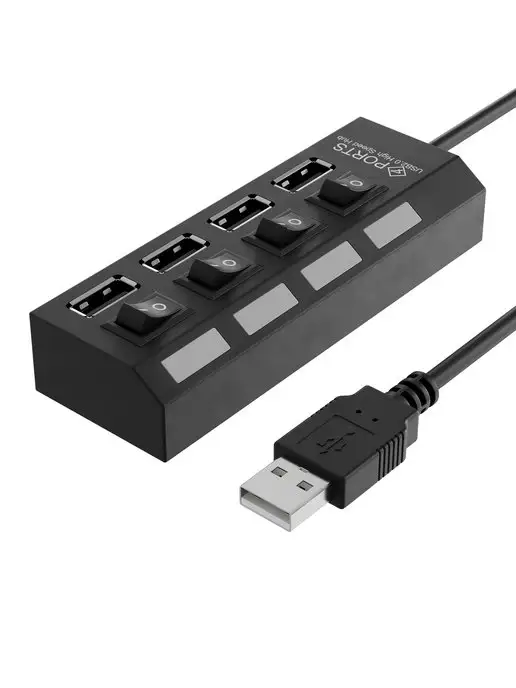 GSMIN USB - концентратор, разветвитель на 4 порта с выключателем, черный, фото 3