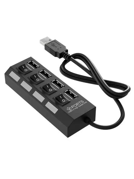GSMIN USB - концентратор, разветвитель на 4 порта с выключателем, черный, фото 4