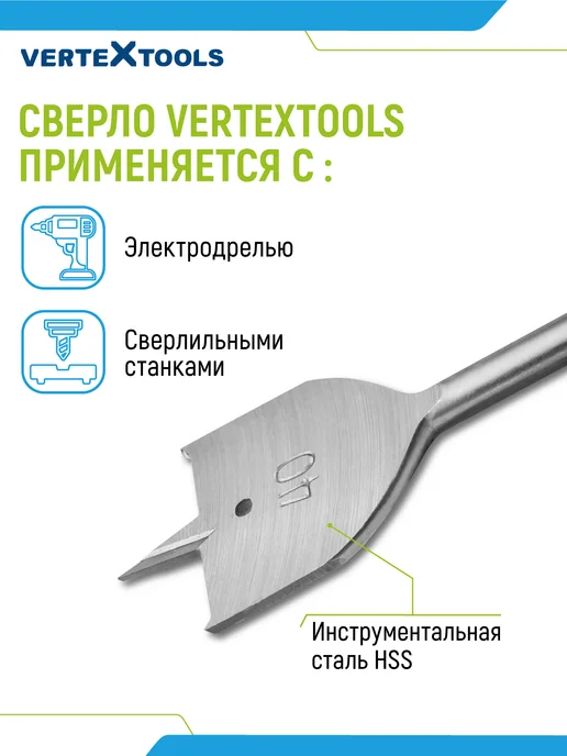 Vertextools Набор перовых сверл по дереву, Сверло перовое с шестигранным, фото 2