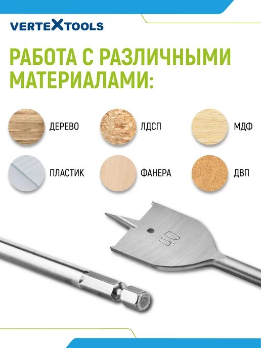 Vertextools Набор перовых сверл по дереву, Сверло перовое с шестигранным, фото 3