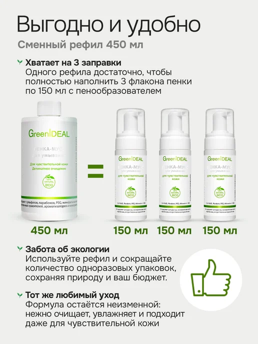 GreenIDEAL Мусс пенка для умывания очищающая и увлажняющая, 450 мл, фото 2