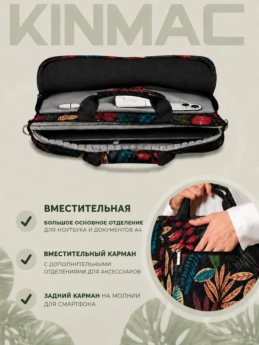 KINMAC Стильная сумка для ноутбука 15.6 дюймов женская, черный, фото 4